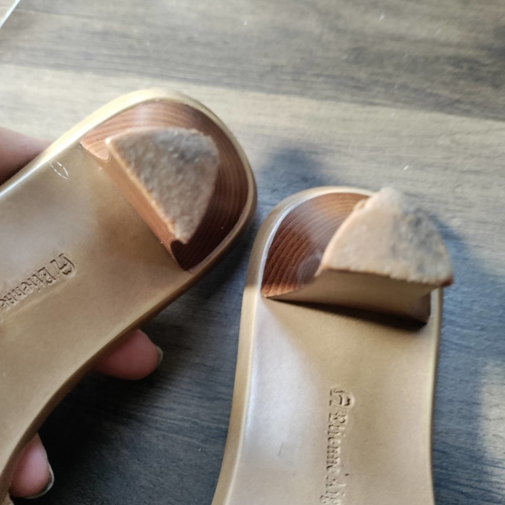 Etienne Aigner size 8 tan color slip-on heeled sandals 2.5" heels - Picture 9 of 9